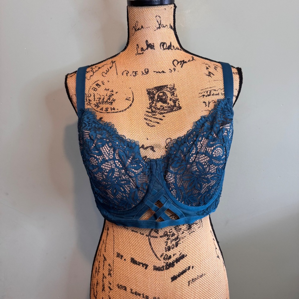 Adore Me Teal Floral Lace Cage Underwire Bra 40DDD